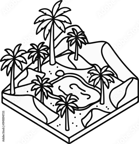 A black and white isometric view of a tropical island with palm trees and a pond