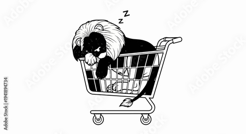 A black lion with a flowing mane naps peacefully inside a shopping cart