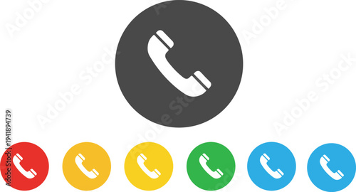 Colorful telephone handset icons in circular buttons for communication, contact, call, and mobile app user interface design projects