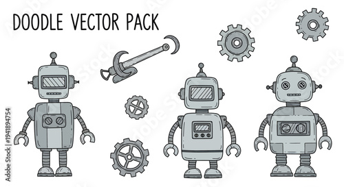 Set of doodle vector robots with various facial expressions surrounded by mechanical parts and tools in a technical illustration