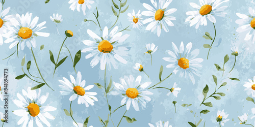 Watercolor painting of a field of daisies with green leaves, isolated on transparent background