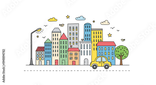 Vibrant cityscape illustration with buildings, car, tree, streetlight, and clouds viewed from a high vantage point