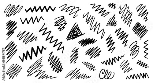 Collection of various abstract hand drawn shapes and lines in black on a plain background