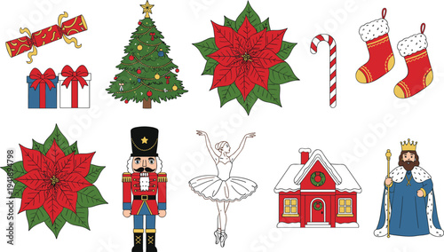 Colorful vector illustration of Christmas and holiday symbols including gifts, tree, stockings, nutcracker, ballerina, poinsettia, and candy cane