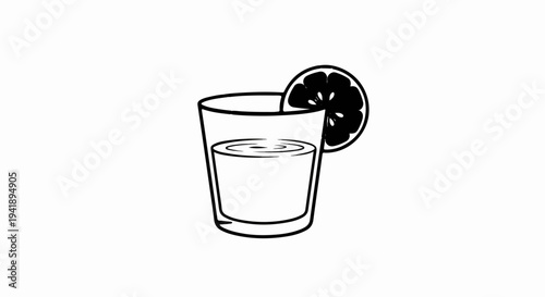 A black and white illustration of a glass filled with liquid and a citrus slice garnish