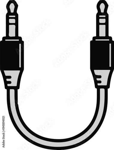 A curved cable connects two grey audio jacks with black housings