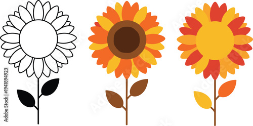 Creative vector illustration of three artistic sunflower designs in outline, colorful petals, and decorative stylized variations