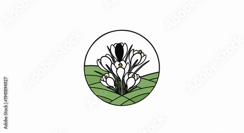 A circular emblem features a cluster of white crocuses with yellow centers against a green, rolling landscape