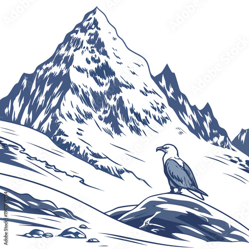 Blue of eagle on rock with snowy mountain white