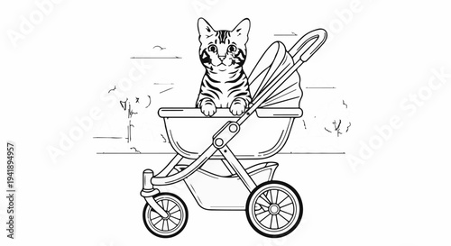 A curious kitten peeks over the edge of a stroller, ready for an outing