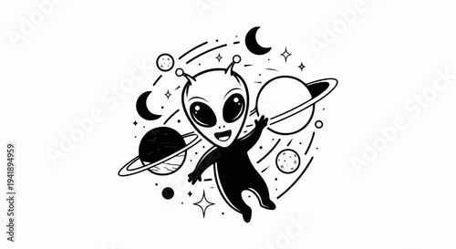 A cute alien floats happily among planets and stars in outer space