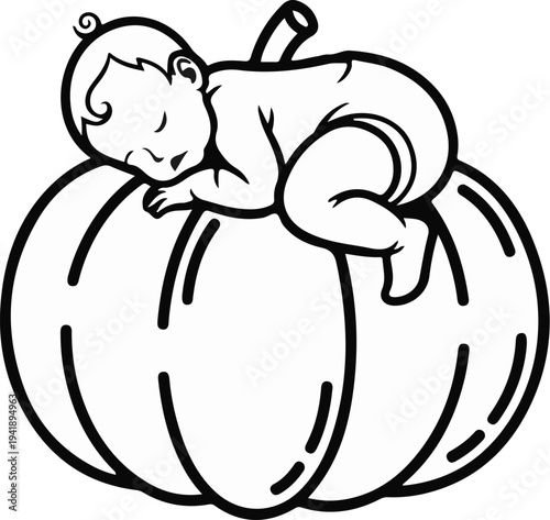 A cute baby peacefully naps atop a large pumpkin with its stem