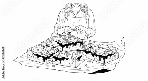 A baker presents a fresh batch of delicious, nutty, chocolate-drizzled brownies