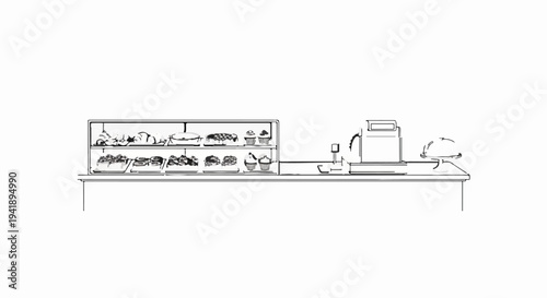 A bakery counter display with pastries and a vintage cash register