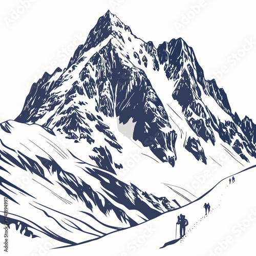 Massive frozen alpine peak with natural ice carving hikers