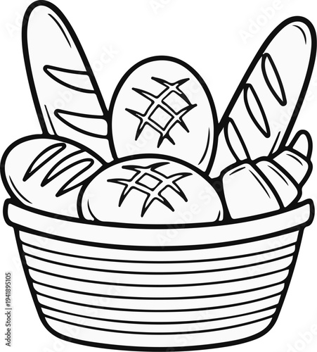A basket brimming with assorted baked goods, rendered in line art