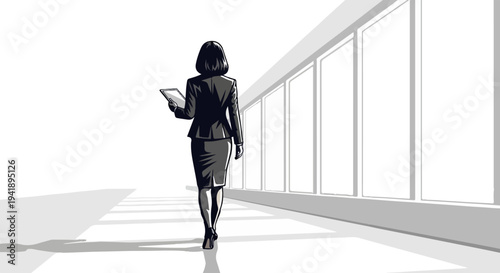 A business woman walks down a sunlit corridor holding a tablet