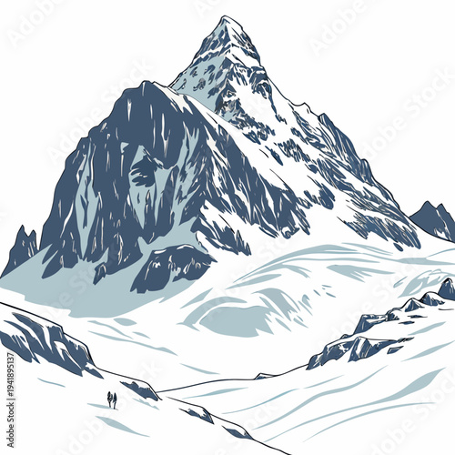 Snowy mountain peak with two people in distance blue