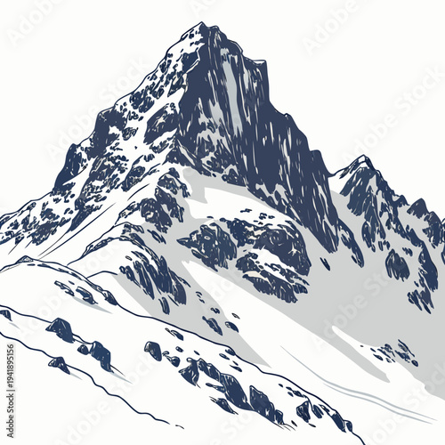 Snowy mountain peak with rugged terrain and rocky outcrops