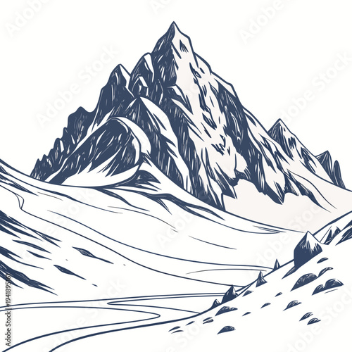 Wide frozen mountain mass with realistic glacier snow