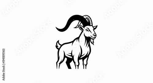 A black and white illustration of a goat with large, curved horns