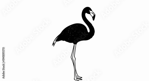 A black silhouette of a flamingo stands on one leg with its neck curved