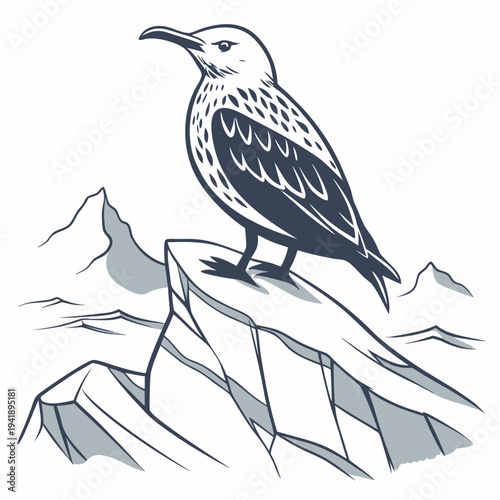Bird standing on rocky outcrop with mountains seagull