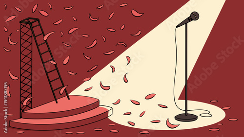 A dramatic red stage illuminated by a spotlight with falling confetti and rose petals scattered across the floor creating a festive and celebratory atmosphere for an event or performance .vector icon