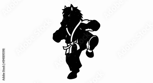 A black silhouette of a horse in a karate uniform is depicted