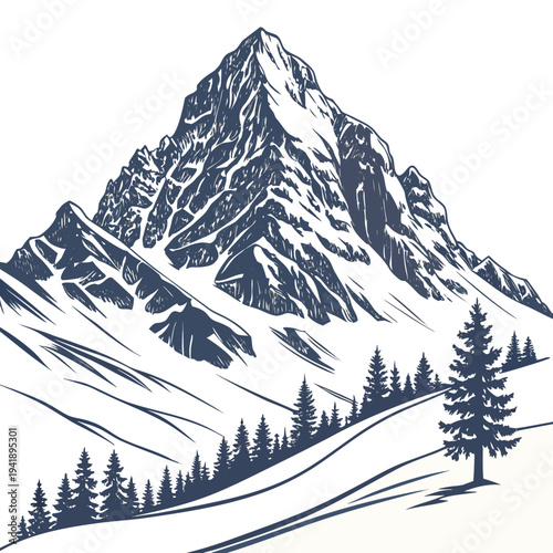 Massive frozen peak with smooth snow fields and trees 1