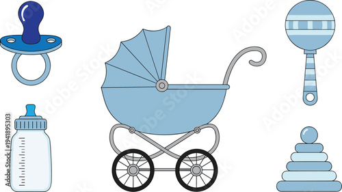 Vector Collection of Baby Pacifier, Bottle, Stroller, Rattle, and Stacking Toy Icons in Blue