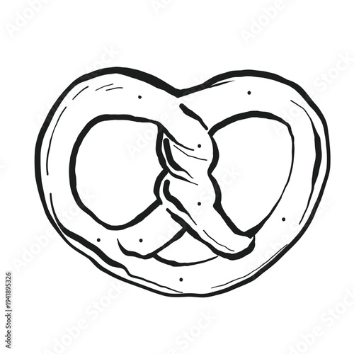 Hand drawn whimsical pretzel illustration with twisted shape and dotted texture on white background