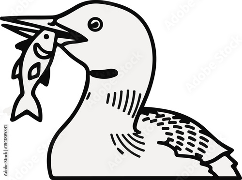 A bird with a fish in its beak against a white background