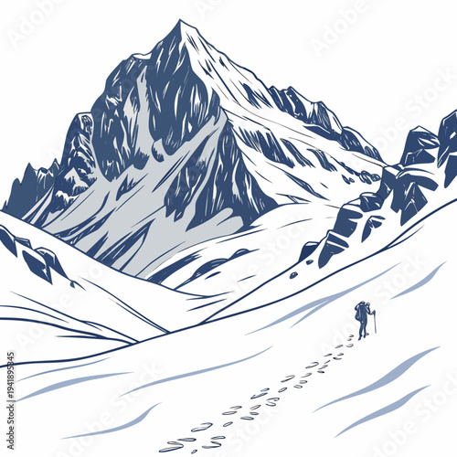 Snow covered mountain with hiker and footprints in the foreground