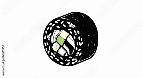 A black rolled sushi piece with white sesame seeds and green fillings
