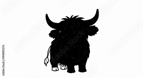 A black, shaggy Highland cow illustration with curved horns