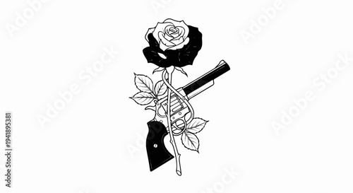 A black rose entwined with a pistol, with leaves