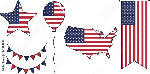 United States Patriotic Design Elements Set Including USA Map Flag Star Balloon Banner and Bunting for Independence Day Celebrations