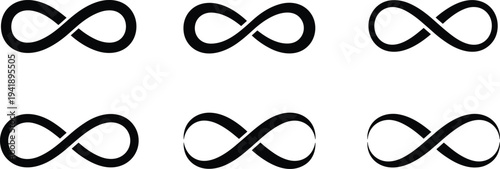 Vector Collection of Six Stylized Infinity Symbols Showing Design Variations in Shape, Thickness, and Fill