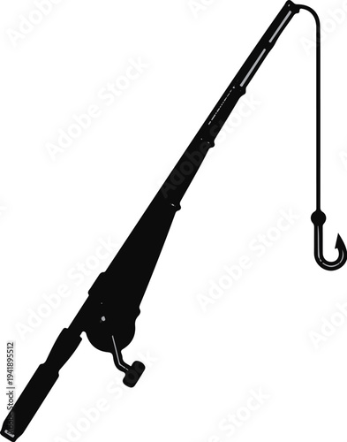 A black silhouette of a fishing rod with a line and hook hangs