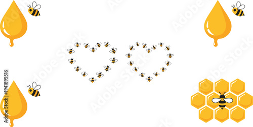 Cartoon bees with honey droplets, heart shapes, and honeycomb in playful nature design