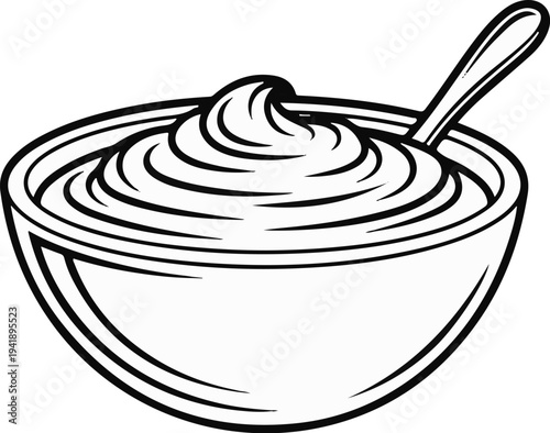 A black and white drawing of a bowl filled with swirls of cream and a spoon