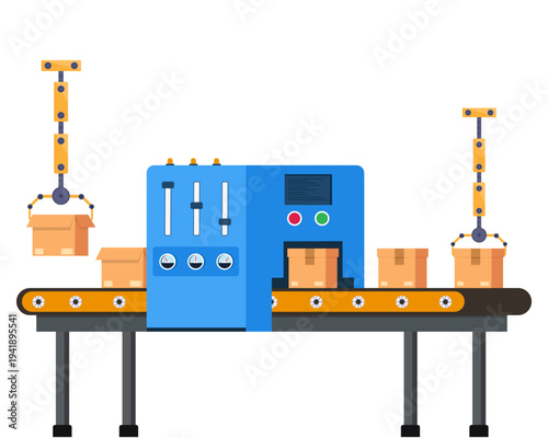 Automatic conveyor belt packaging on the factory plant for manufacturing and logistics vector illustration