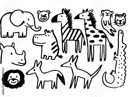 Hand Drawn Cute Safari Animals Doodle Set with Elephant, Giraffe, Zebra, Lion, Crocodile and Wild Jungle Creatures Vector Illustration