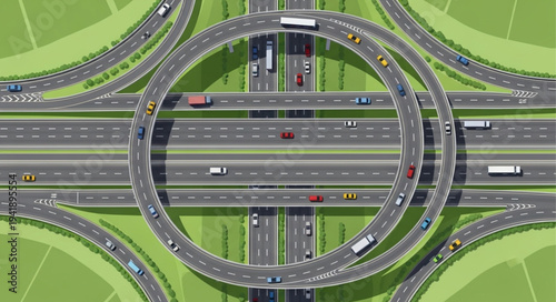 Aerial View of a Complex Highway Interchange with Traffic.