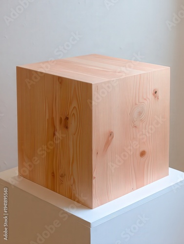 A minimalist wooden cube sits elegantly on a display pedestal, showcasing a simple yet modern design, This image is perfect for interior design, art exhibits, or product showcases,