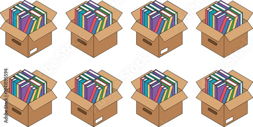 Cartoon cardboard boxes filled with colorful books in organized educational design