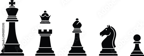 Cartoon chess pieces with king, queen, rook, bishop, knight, and pawn in classic strategy design