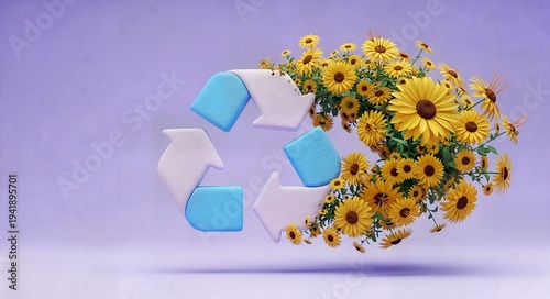Recycling symbol with vibrant flowers on pastel background  