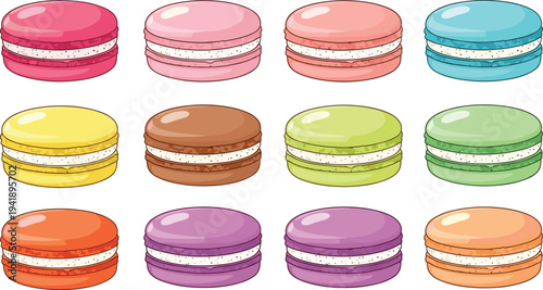 Vector Collection of Twelve Colorful Macarons Arranged in Rows Representing Dessert, Pastry, and Sweet Treats
